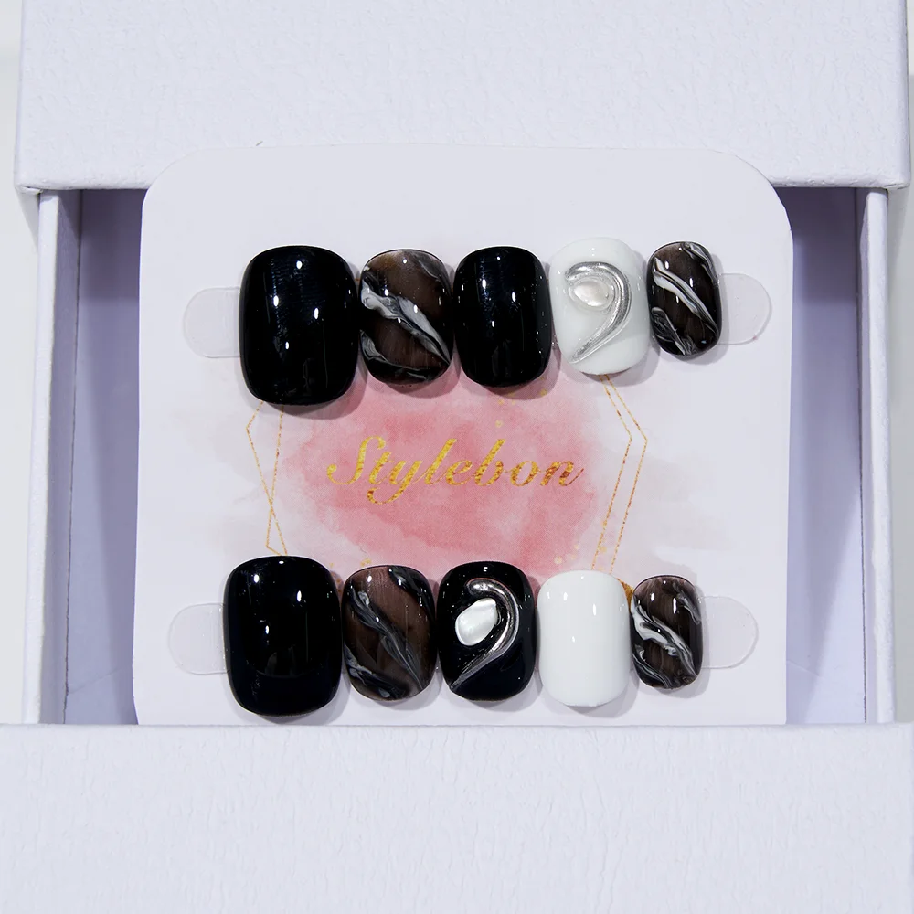 

10pcs Handmade Press on Nails Dark French Colorful Silver-Plated Full Cover Nail Tips for Women&Girl Removable Wearable Nail Art