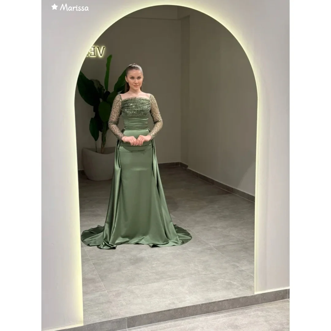 Marissa lange staart satijnen galajurk op maat gemaakte elegante damesjurken voor speciale gelegenheden gedeeltelijke pailletten galajurk 2025