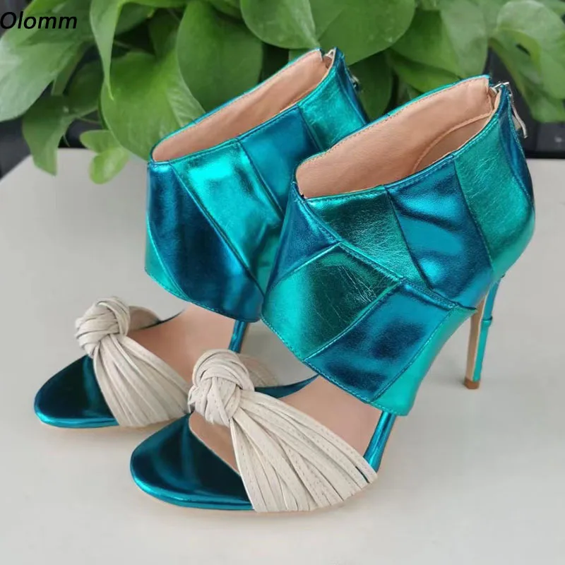 

Olomm Italian Style Women Sandals Mixed Color Stiletto Heels Round Toe Gorgeous Lake Blue Party Shoes Size 35 47 52