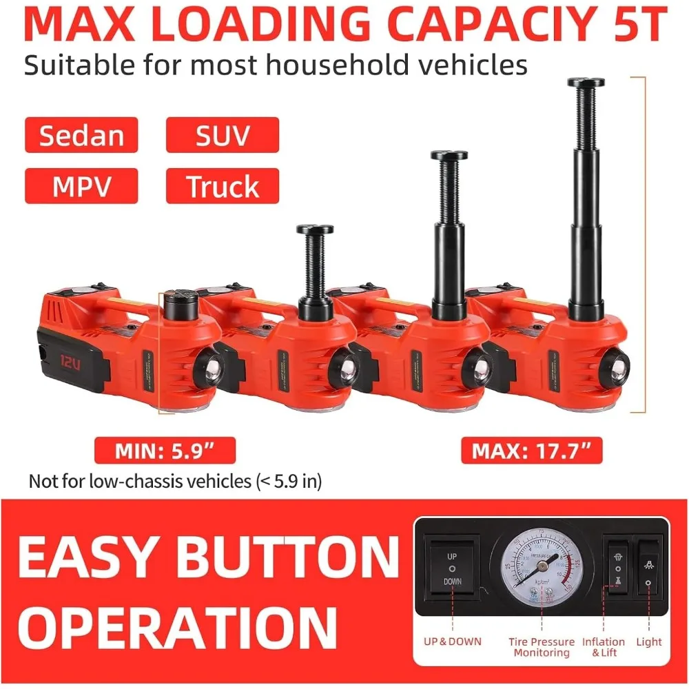 طقم جاك سيارة هيدروليكي كهربائي 5 طن 12 فولت محمول مع نطاق رفع 17.7 بوصة ومضخة نفخ الإطارات للمركبات المختلفة