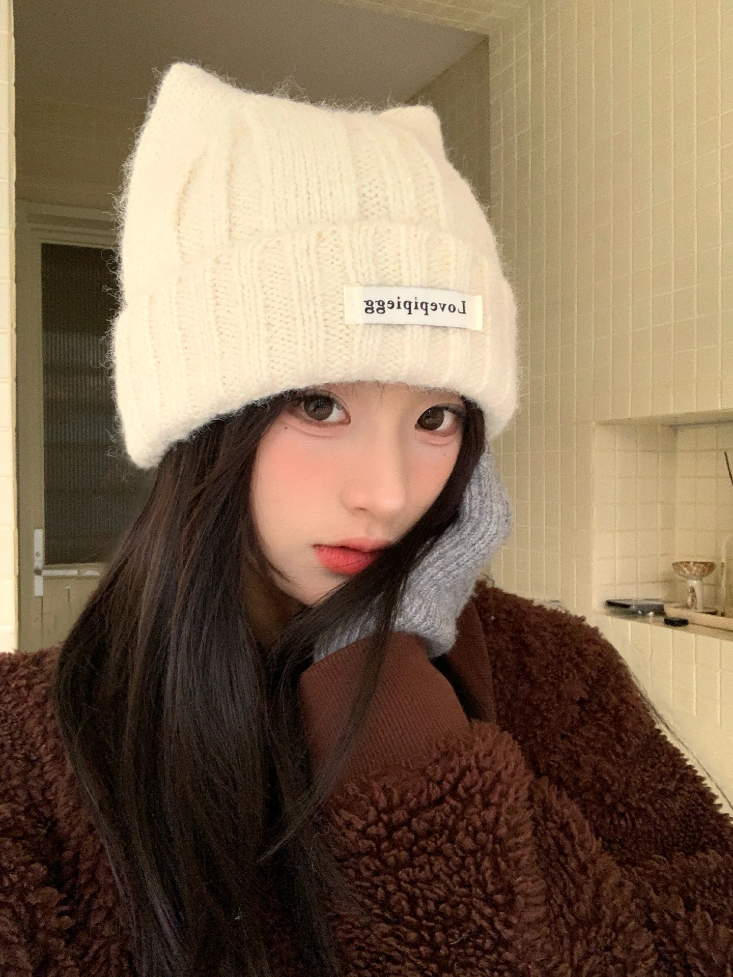 Warm Knitted  Ear Hat Women's Style Winter Fashionable Face Slimming Knitwear Breathable Non-Folding round Top Cap