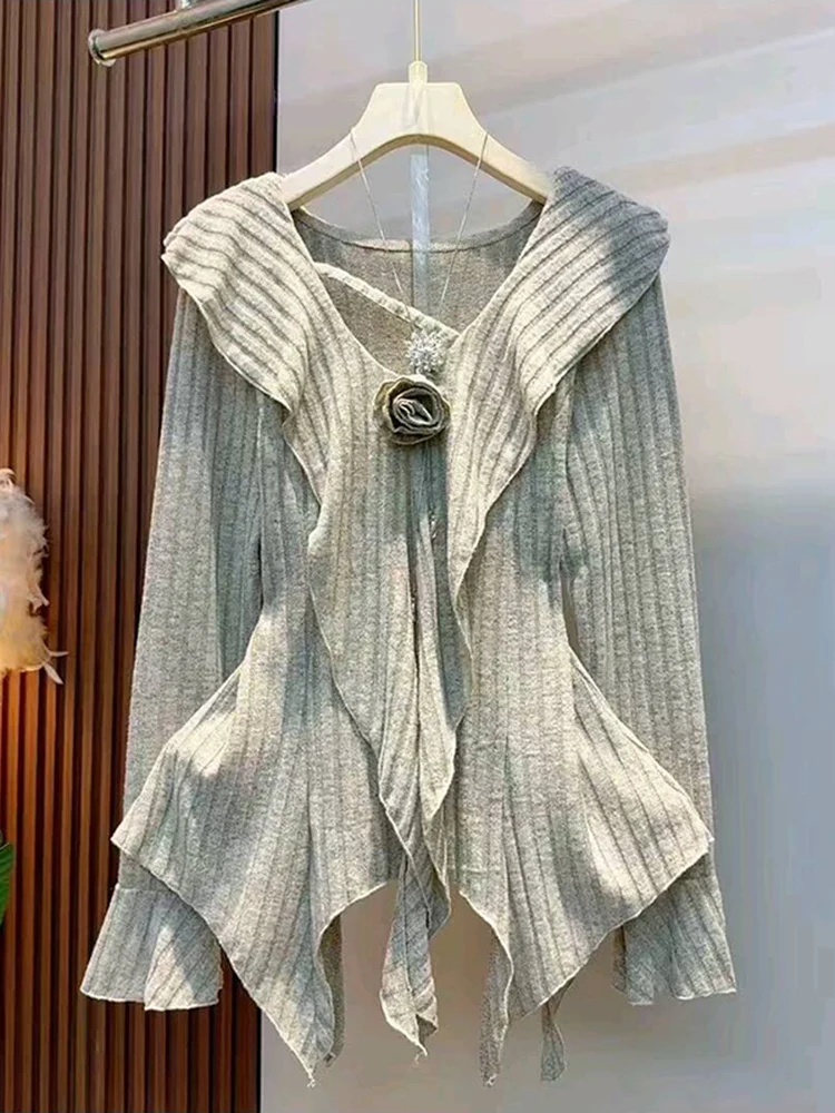 

Ретро темпераментный сладкий пуловер с 3D цветочным принтом, расклешенные рукава, нерегулярный свободный вязаный свитер, модный универсальный весенне-осенний топ