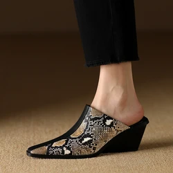 2025 New Genuine Leather Shoes Women Slippers Wedges High Heels Pointed Toe Mules Ladies Office Dress Shoes Slides Women