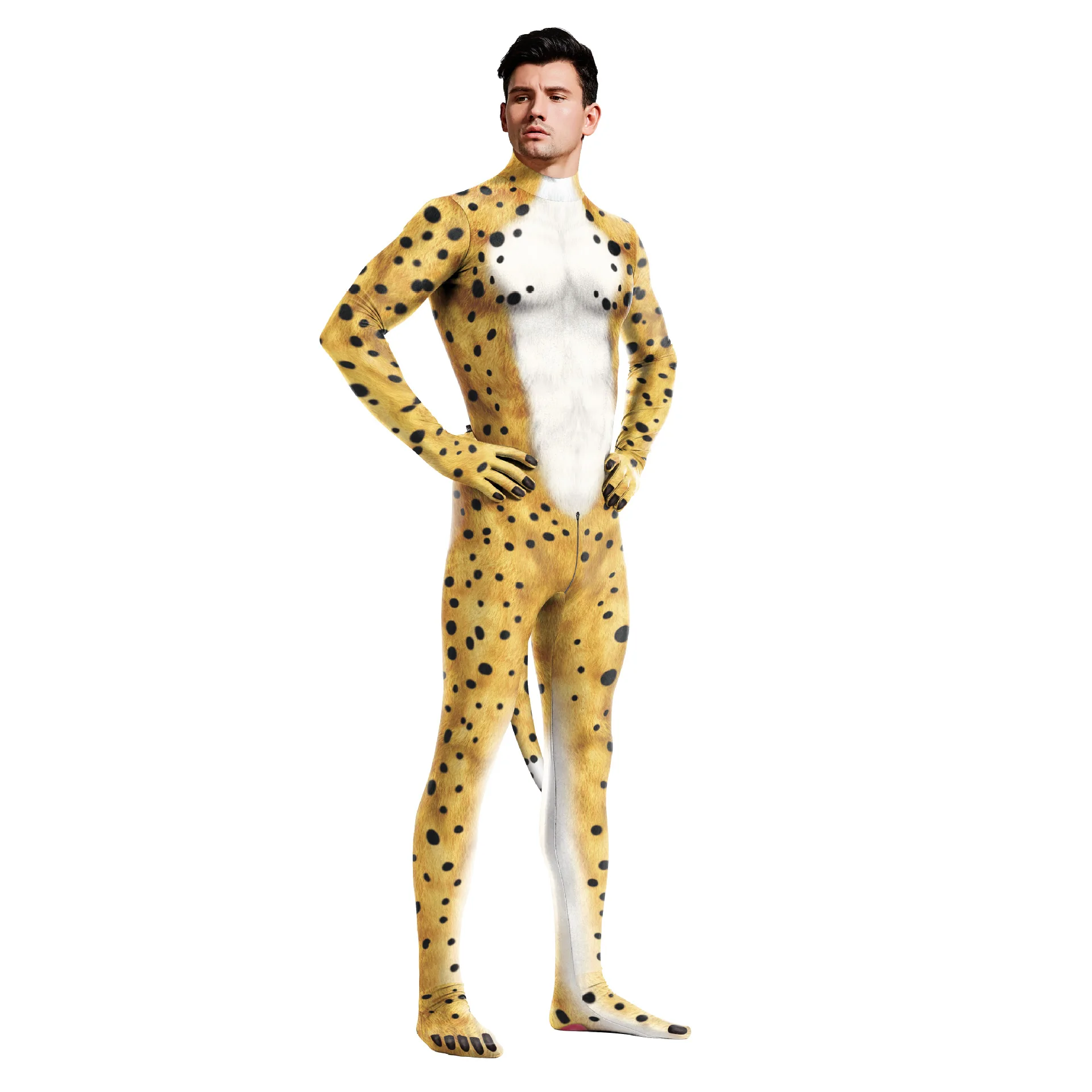 Animal Leopard Cosplay Bodysuits with Tail Men Women Open Crotch Zipper Jumpsuit Halloween Party Stage Performance Suit