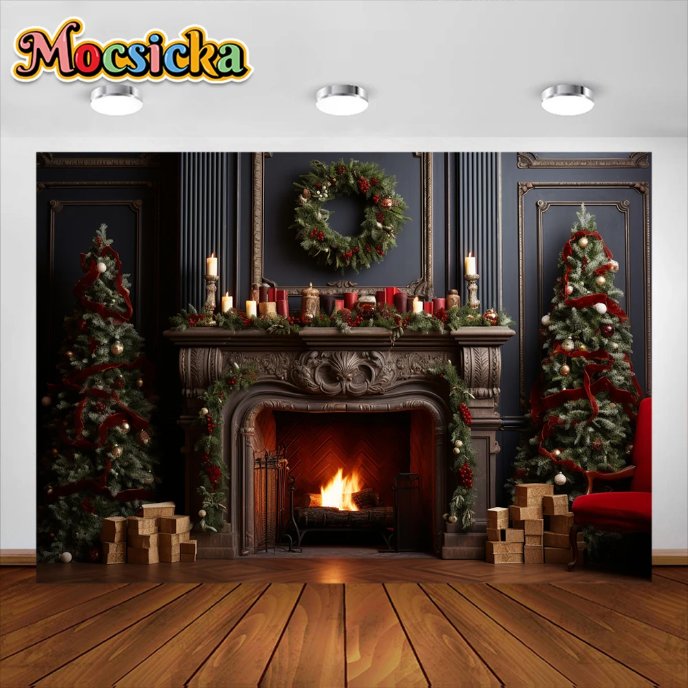 Mocsicka-Merry Christmas Lareira Backdrop, Xmas Tree, Janela, Floresta, Foto, Fotografia, Fundo, Family Party, Decoração Banner