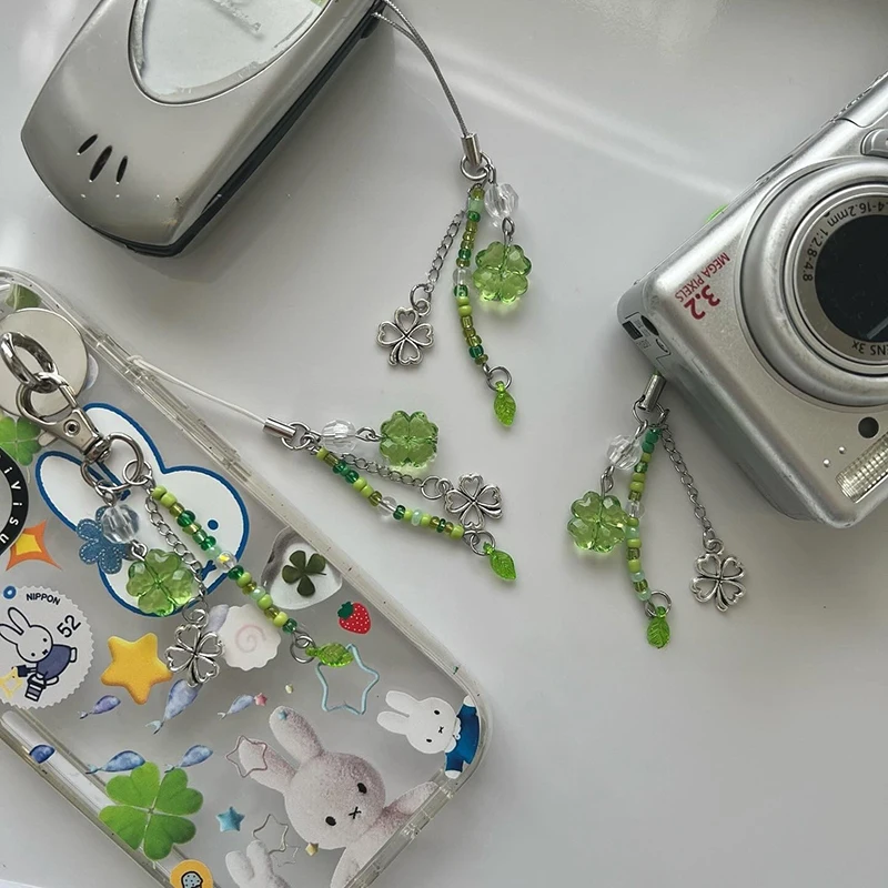 S Handmade Beaded Phone Chain Lucky Four Leaf Clovers Phone Chain Colorful Keyring CCD Pendant Cellphone Accessory Ornament