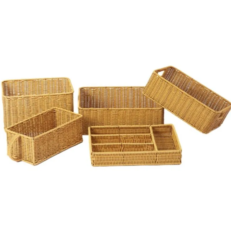 Storage Basket Rectangular PP Faux Rattan Woven Divided Organizer for Cabinet Desktop Remote Control Cosmetic Coffee Table Decor