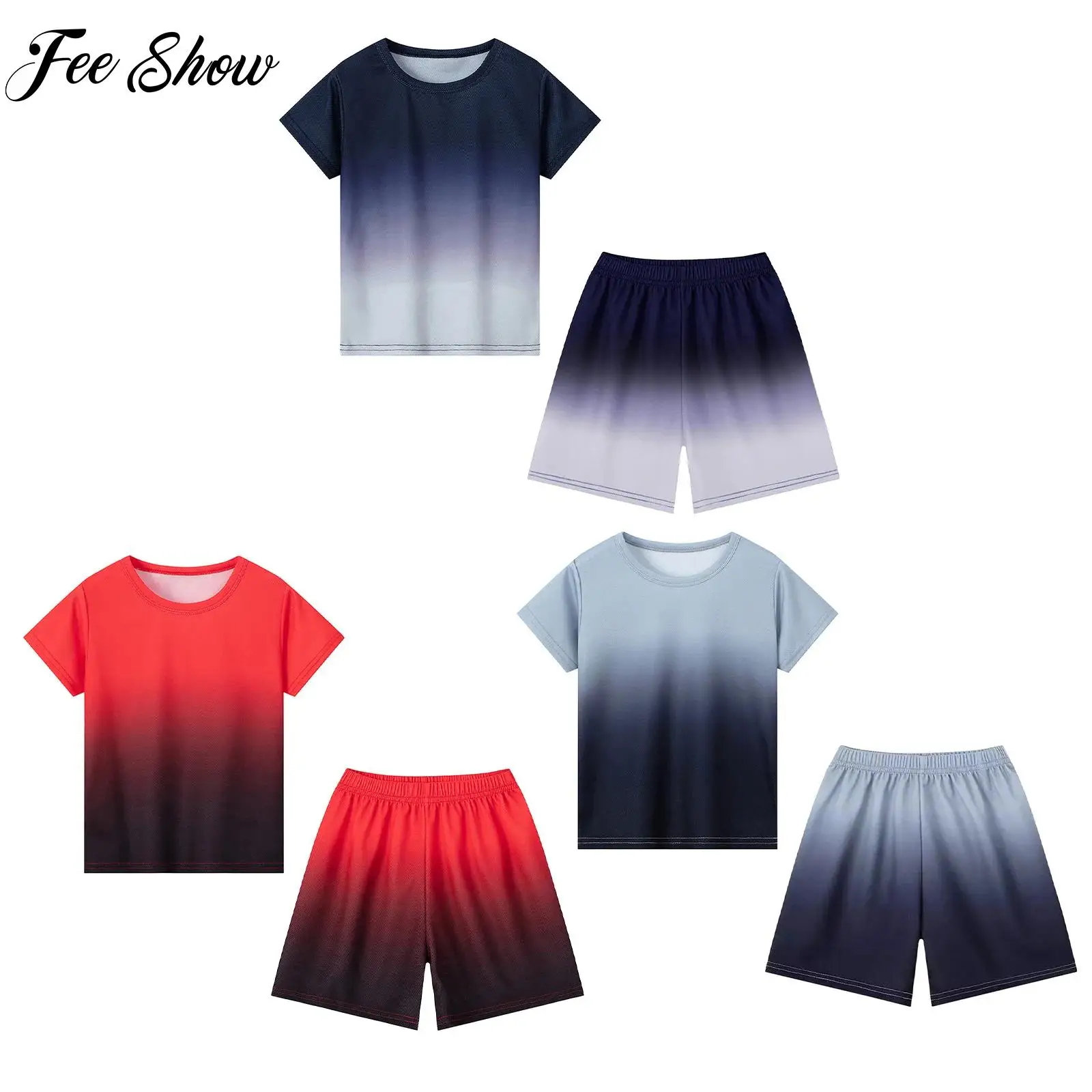 

Child Boys Breathable Quick-Drying Sports Outfit Short Sleeve Gradient Color T-shirt with Shorts Gym Workout Basketball Outfit