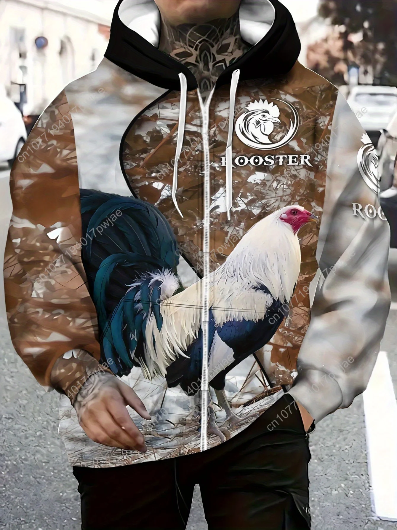 Herren-Kapuzenpullover mit künstlerischem Hahn-Print und Reißverschluss – durchgehendes Grafikdesign, normale Passform mit Kordelzug, Kapuze und Taschen, maschinenwaschbar
