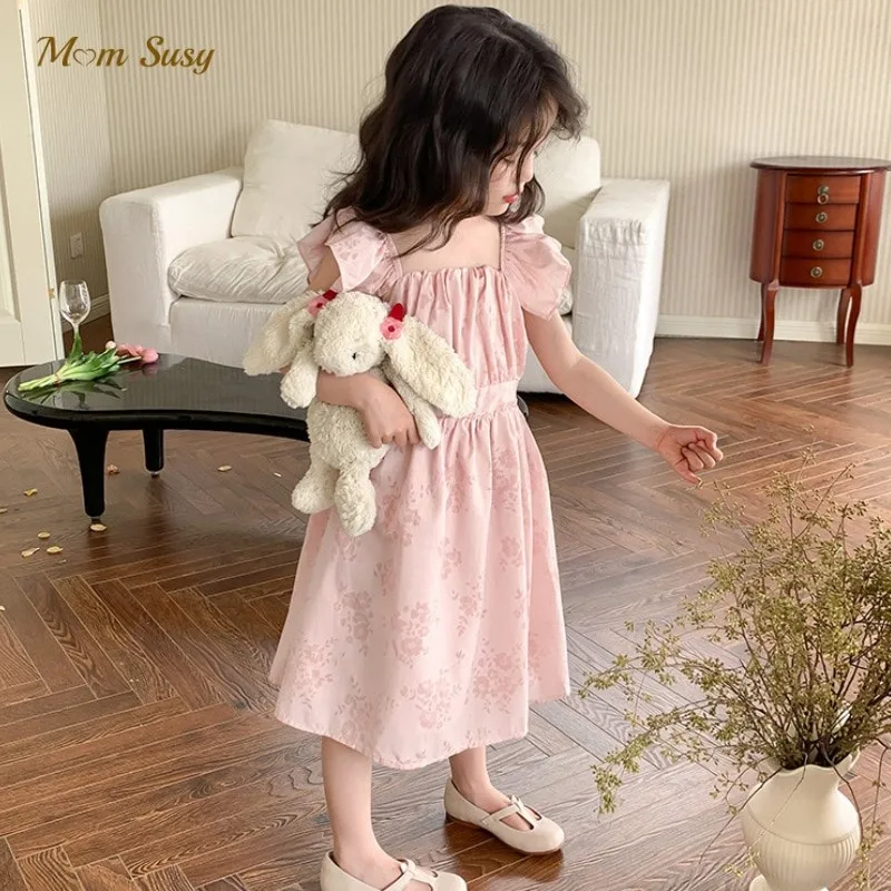 Fashion Baby Girl Princess Flower Cotton Dress Bow Tie Toddler Child Pink Floral Fly Sleeve Vestido Summer Baby Clothes 3-8Y