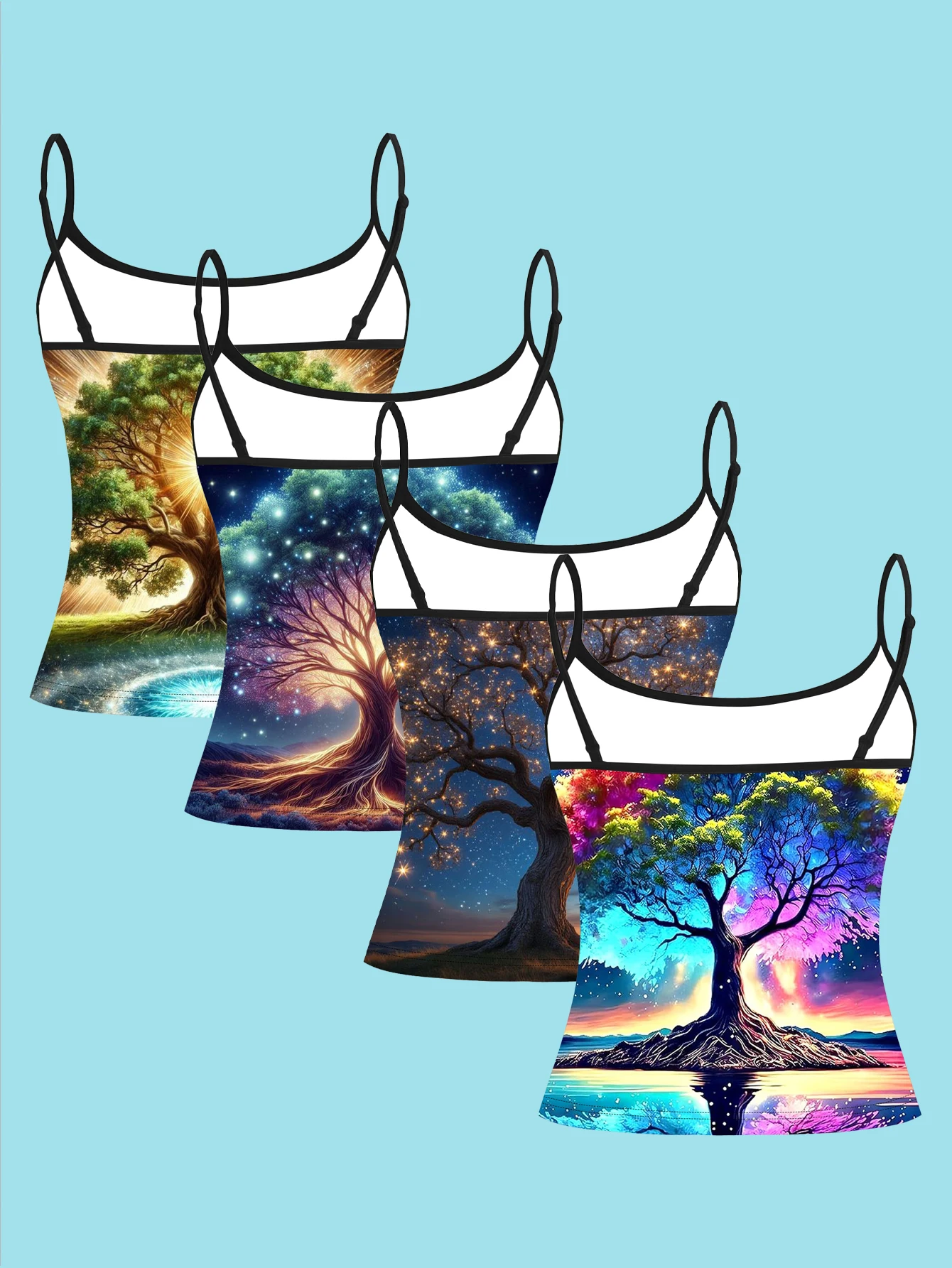 4-Piece Set of Galaxy Starry Sky Ancient Tree Suspenders Set, Dazzling Colorful Tree and Lake Reflection Women's Base Layer Tank Top