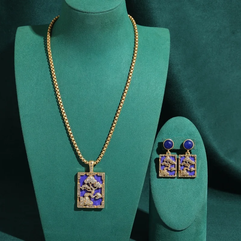Vintage Lapis Lazuli Pine Tree Square Plaque Necklace Earring For Women Classic Luxury Brand Design High Quality Gift New