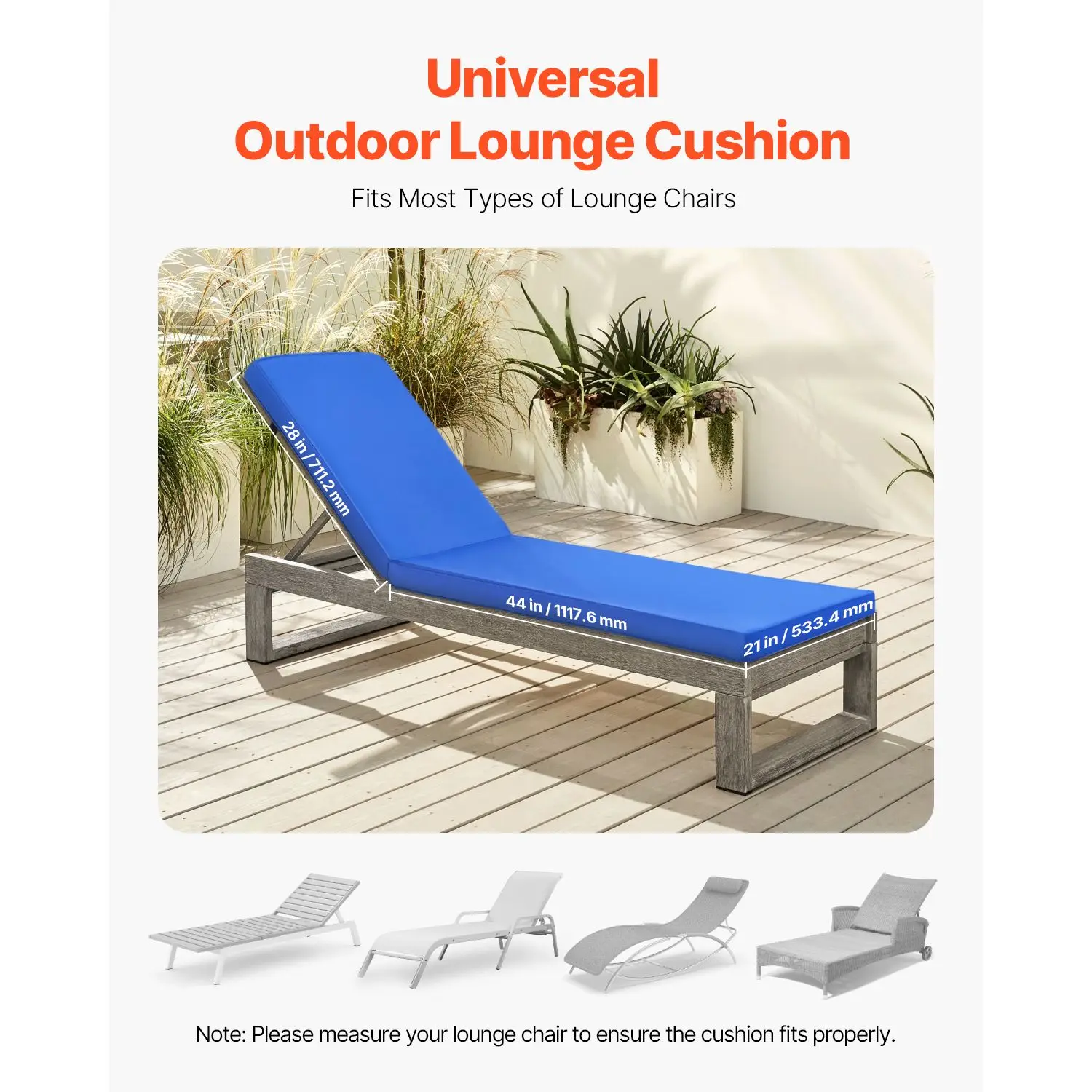Chaise Lounge Cushion, 72 x 21 x 3 in, Outdoor Lounge Chair Cushions, Waterproof & Fade-Resistant, Sun Lounger Replacement Cushi