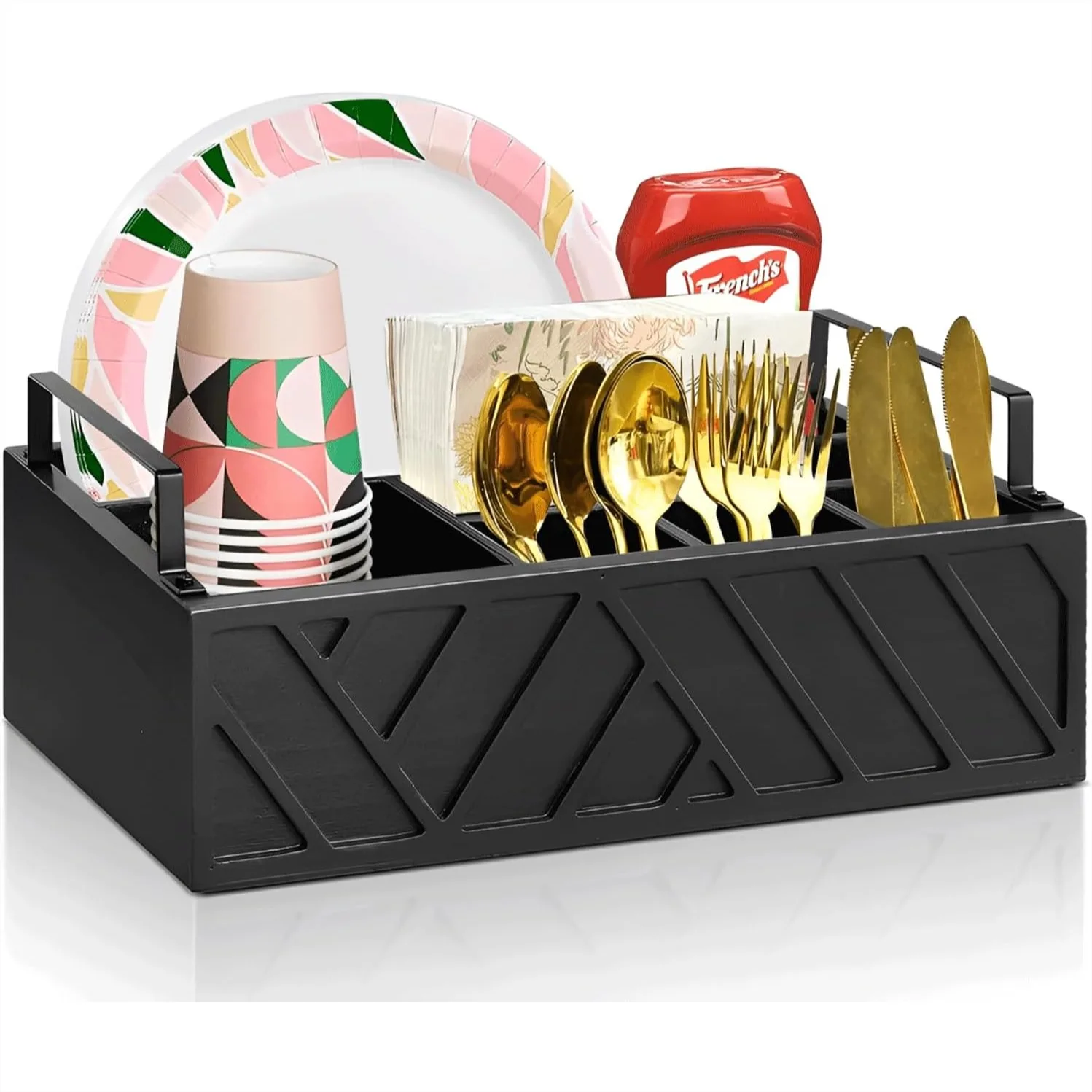 

Paper Plate Dispenser with Utensil Caddy, Rustic Wooden 6-Compartment Flatware Organizer for Kitchen Counter