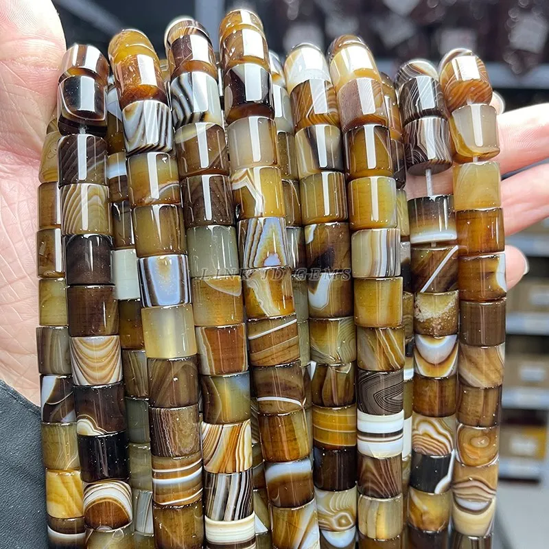 12*12mm Natural Coffee Stripe Agate Cylindrical Shape Bead Round Loose Spacer Beads For Jewelry Making Diy Bracelet Accessories