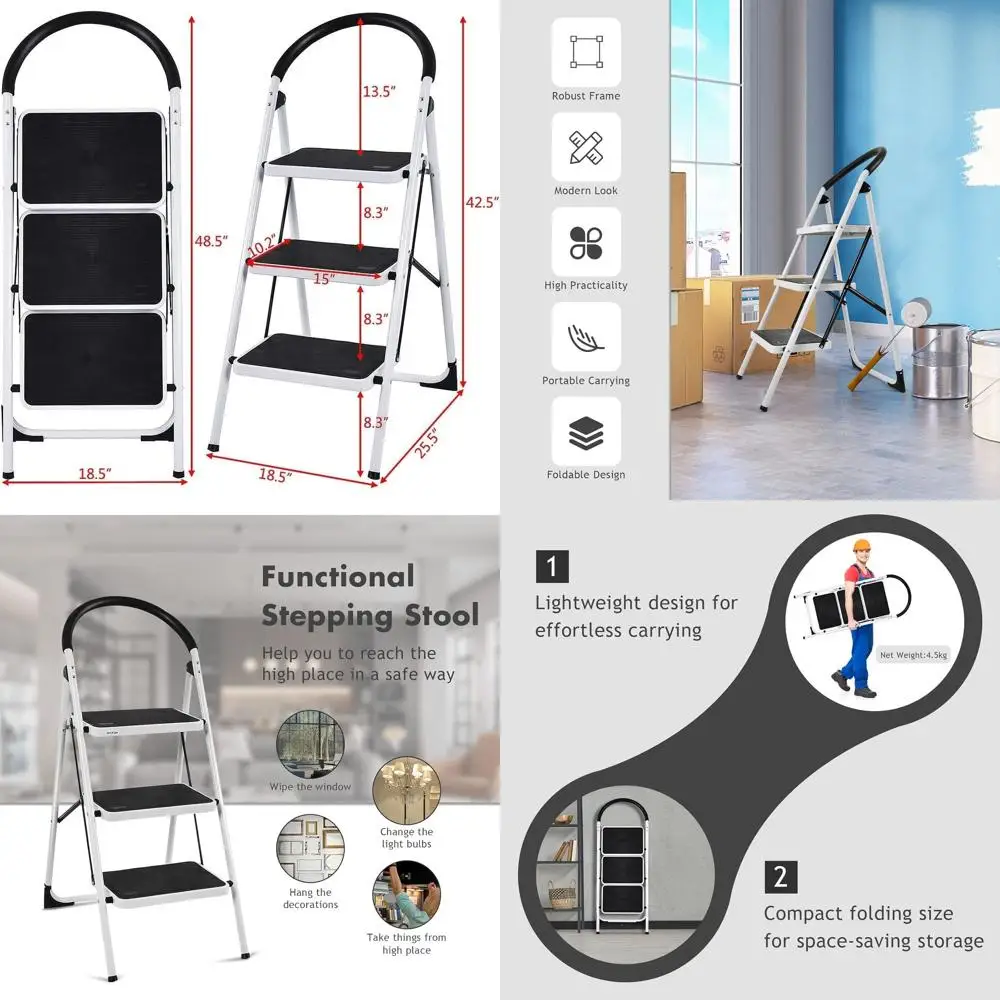 

Portable Folding Step Ladder with Anti-Slip Treads and Cushioned Grip, 330 lbs Capacity, Ideal for Home, Kitchen, and Office Use