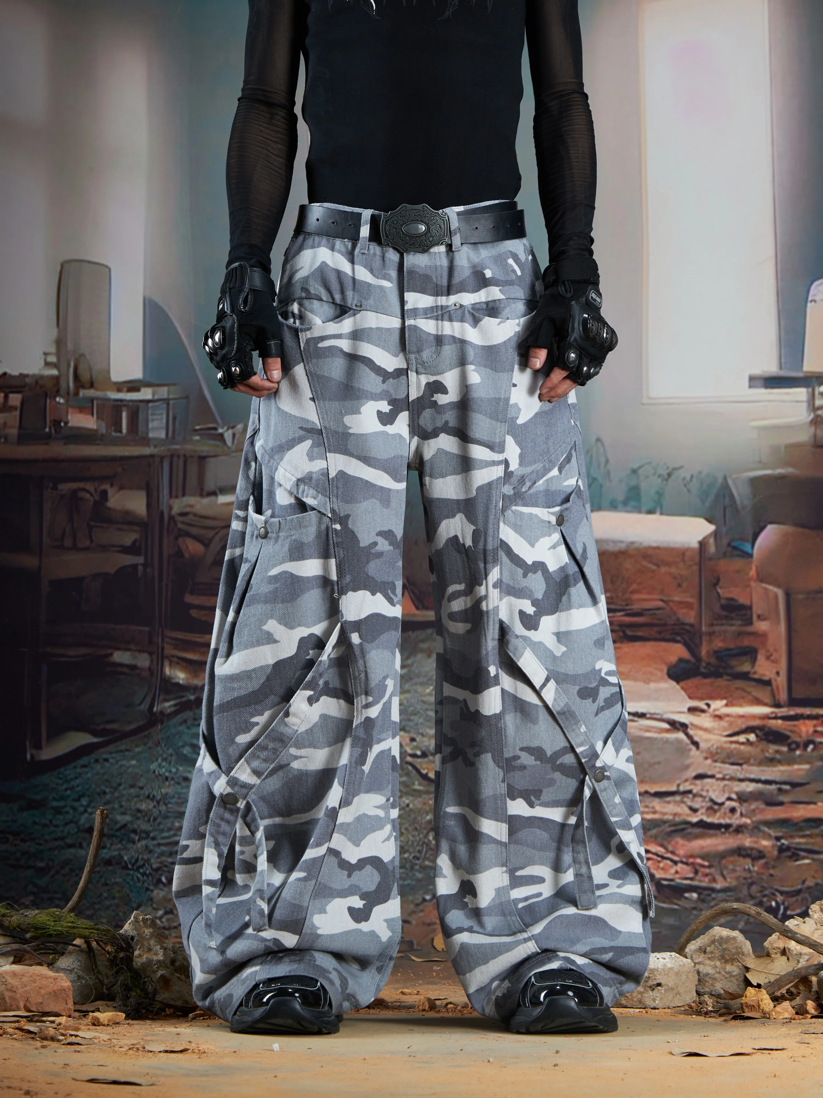 Special-Interest Design American Retro Street Versatile Multi-Pocket Ribbon Stitching Matchet Pants Camouflage Jeans