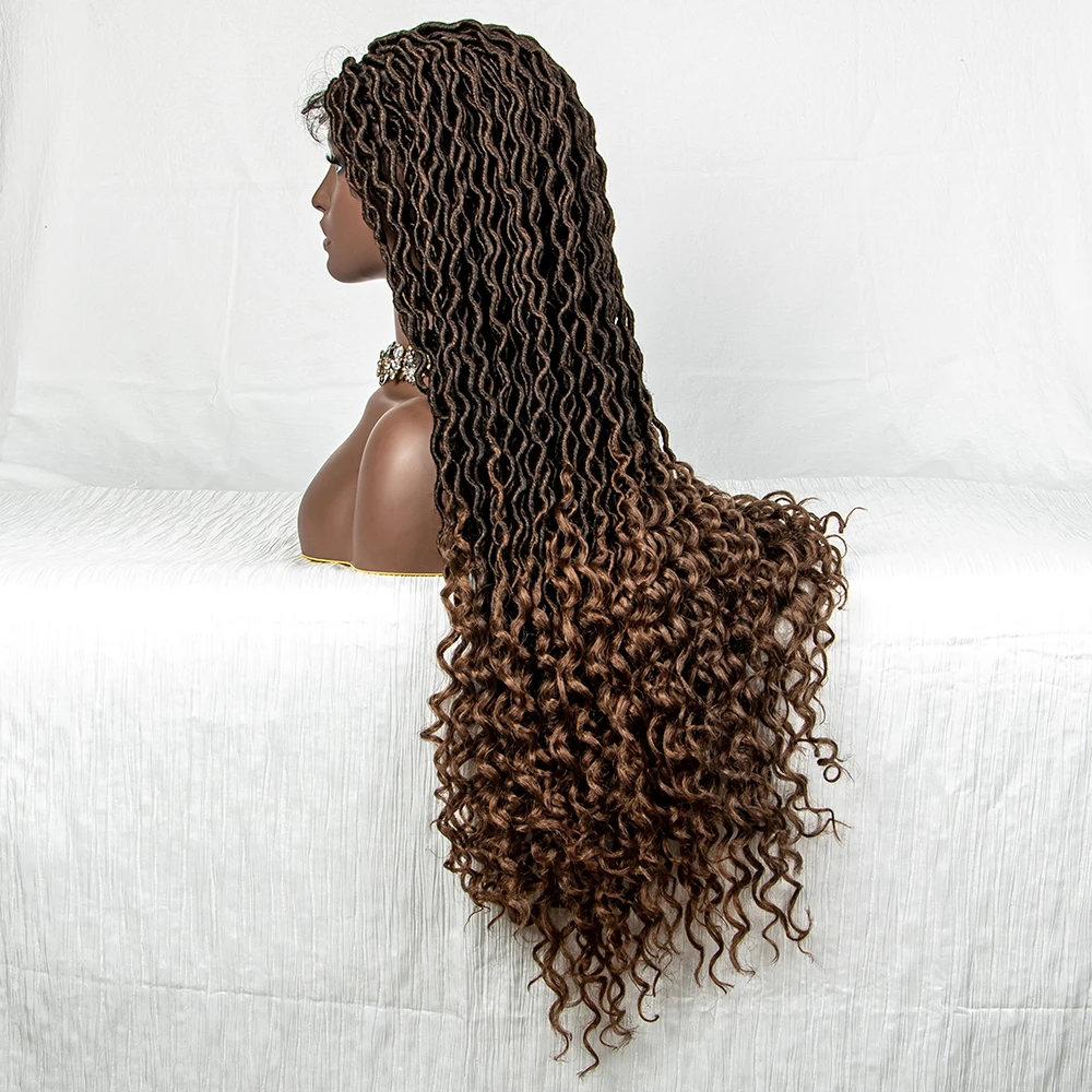 Lace Front Synthetic Faux Locs Wig Curly Ends 9x6 Lace Curly Faux Locs Wig 32 Inch Knotless Long Curly Afro Box Braided Wig