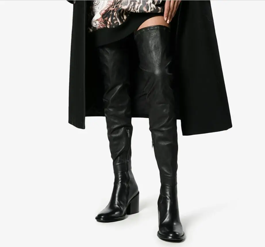 Black Leather Bottes Hautes En Noir Chunky Heeled Strecth Over The Knee Women Winter Long Thigh High Boots 7.5Cm Heels