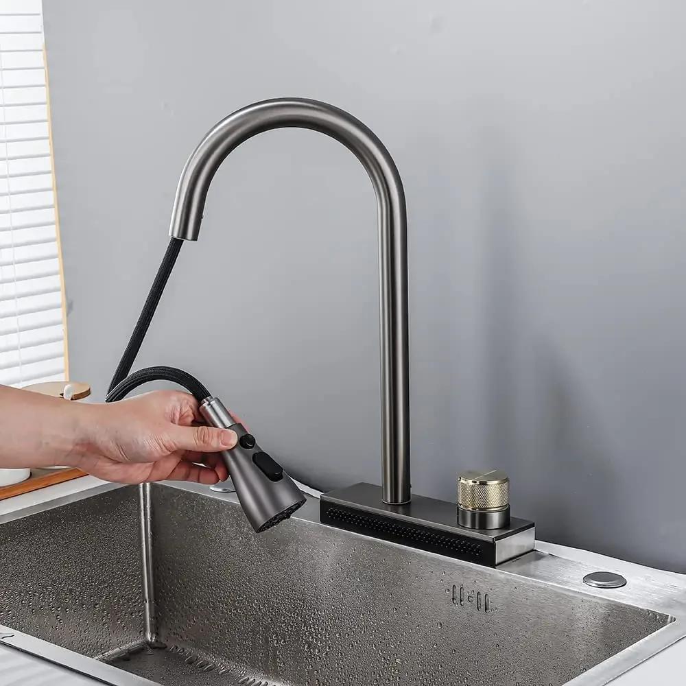 Modern  Commercial Waterfall Kitchen Sink Faucet Stainless Steel Satin Graphic Design  with Pull Down for Kitchen