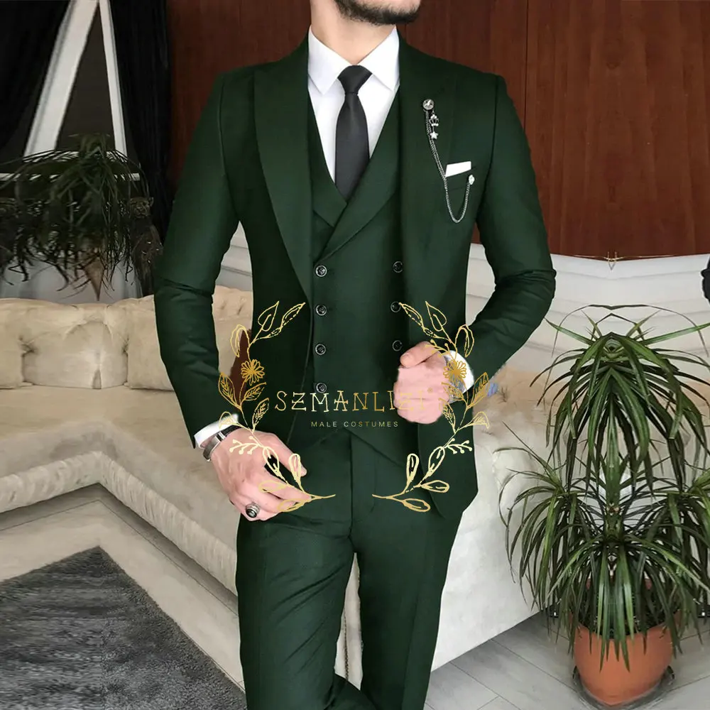 

New Arrival Male Suits Slim Fit 3 Pieces Peak Lapel Dark Green Classic Men Wedding Suits Groom (Blazer+Vest+Pants) Costume Homme