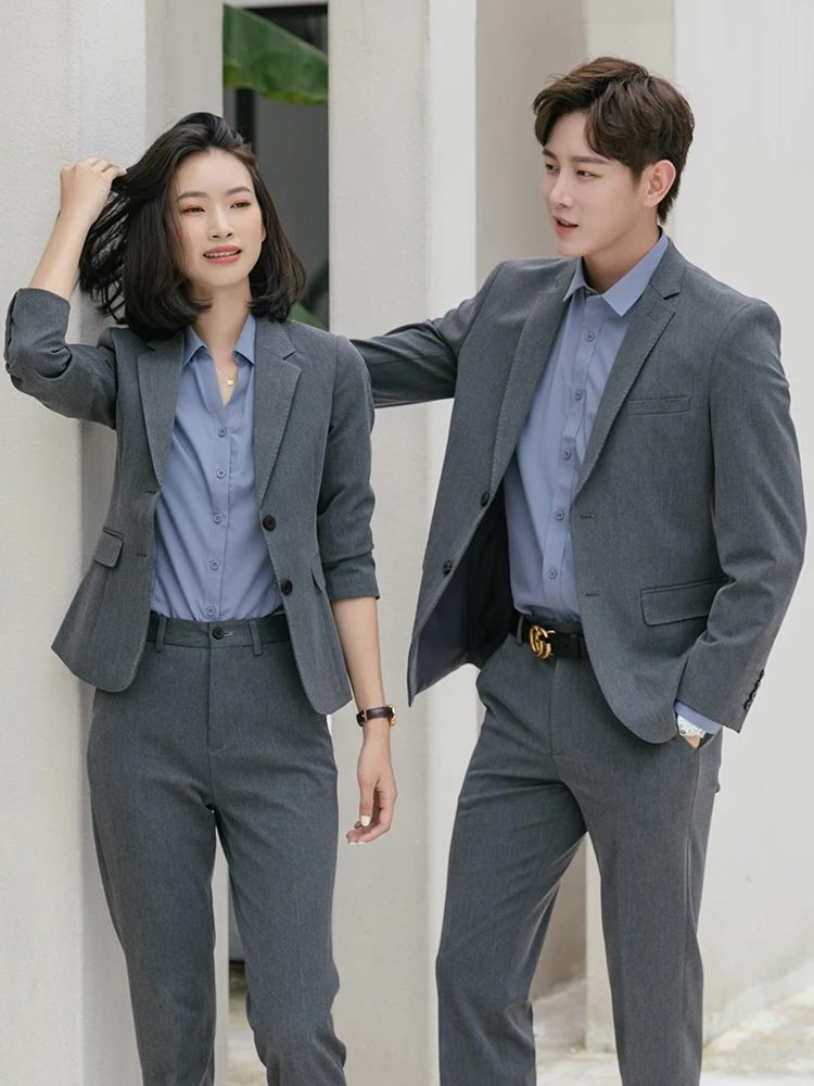 

ay Suit Set Profional Busin Interview Workwear for Men And Women Commute Sle Pure Color Slim Fit Long Sve