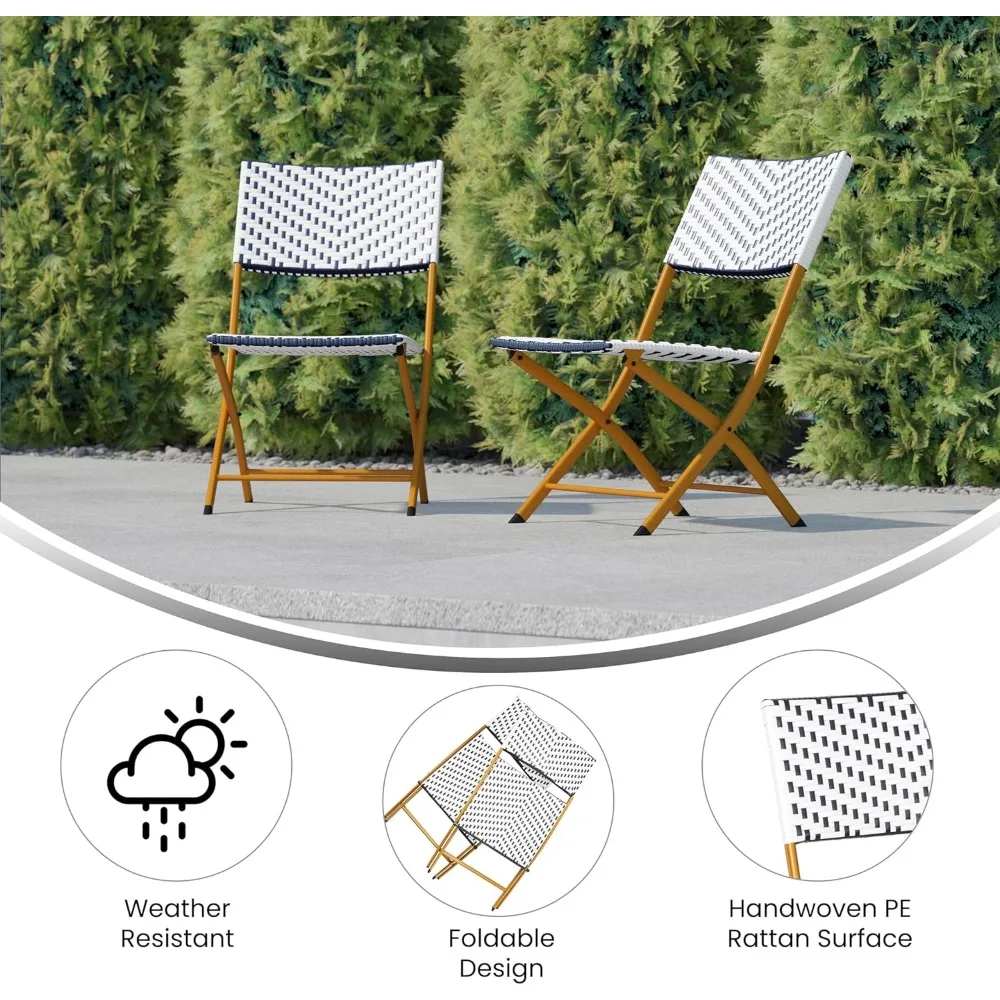 Ciel Two Piece Folding French Bistro Chairs - Navy and White PE Rattan - Natural Finish Metal Frames - Indoor/Outd