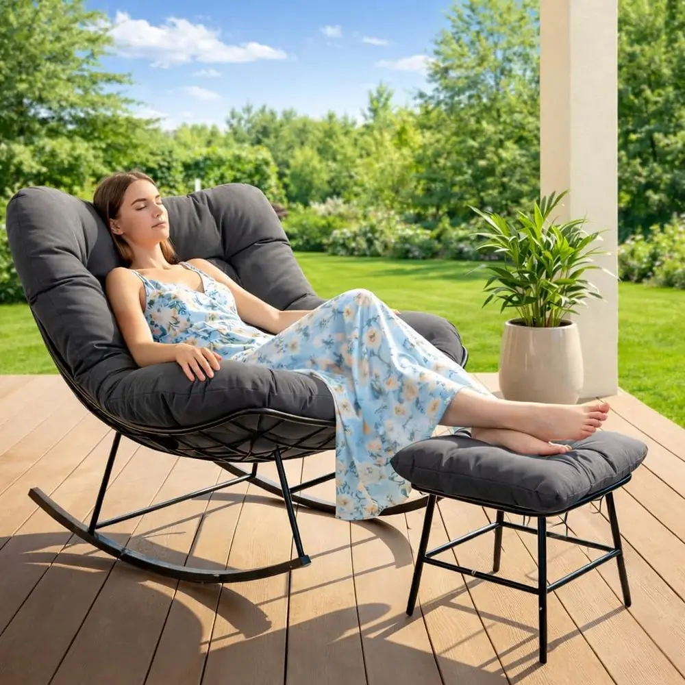 Outdoor Rocking Chair with Ottoman - Patio Papasan Rocking Chair with Adjustale ootrest, Doule Padded Cushions, 450Ls acity, 1-P