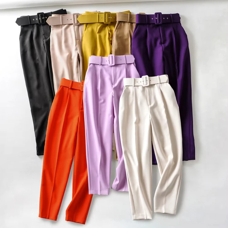 2005 New Spring Fall Solid Color High-waisted Straight Career Commuter  Pants Women's, Multi-color Casual Female Pants with Belt