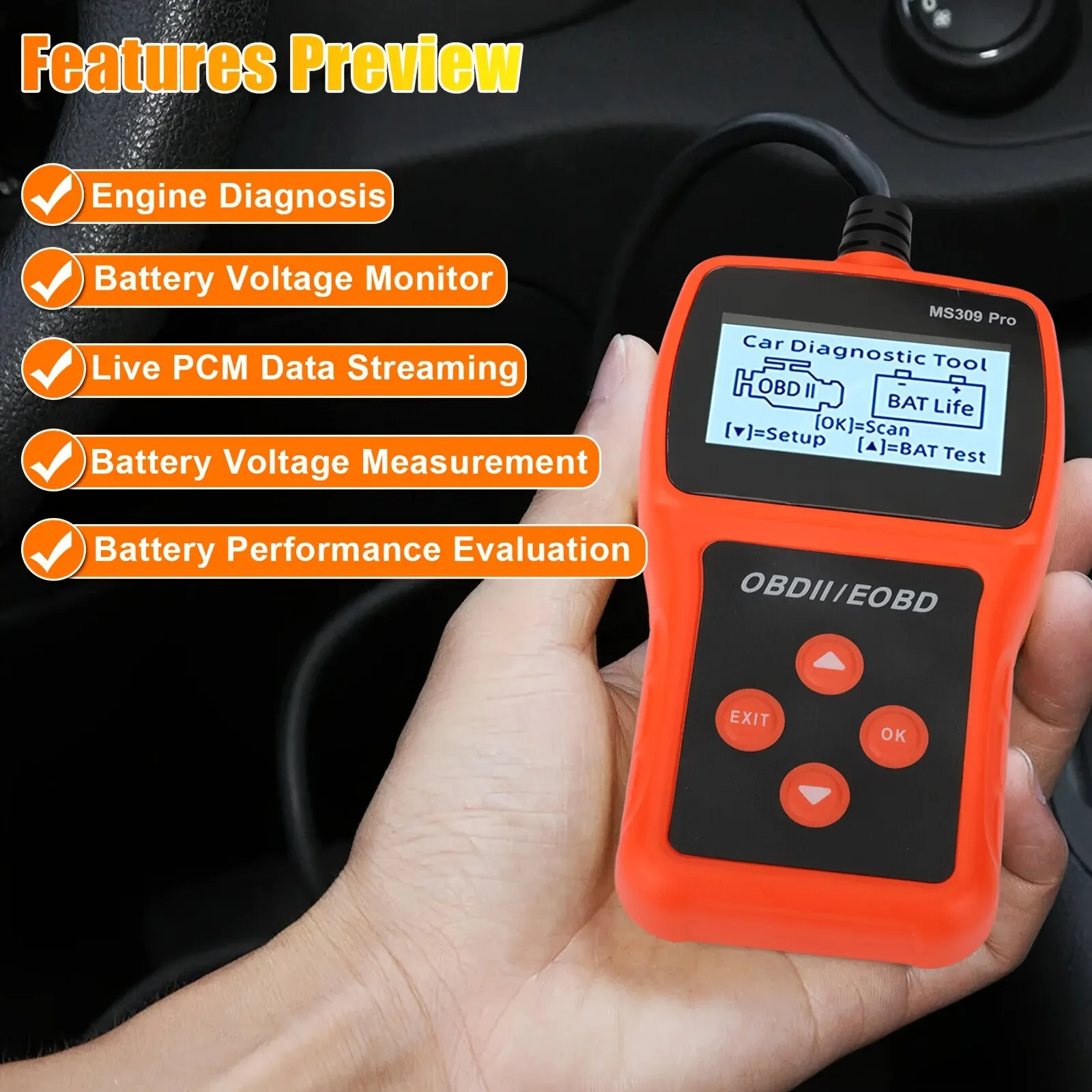 Auto OBD2 Scanner, Live Data Battery Tester, OBDII Car Fault Detector EOBD Scanner Code Reader Auto Engine Diagnostic Scan Tool