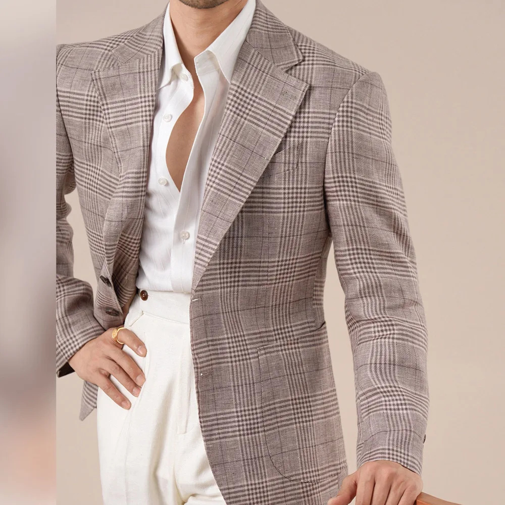 Spring Italian Prince Check Linen Suit Men's Business Casual Gentleman Retro Lined Blazer Blend Blazers Para Hombre Suit Coat