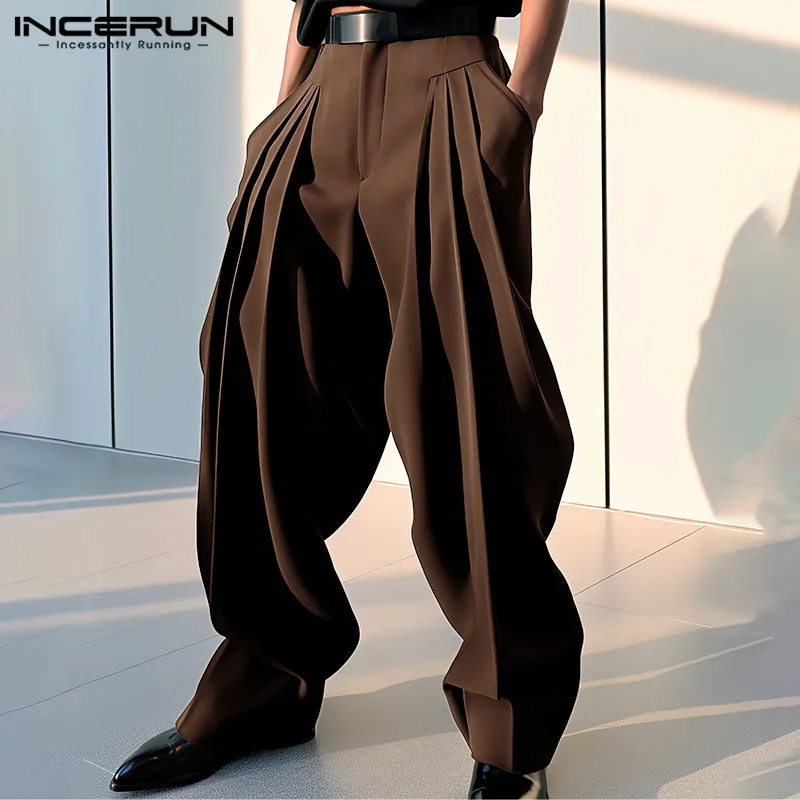 

INCERUN 2024 Handsome New Men's Pantalons Pleated Design Solid Simple Pants Leisure Streetwear All-match Hot Sale Trousers S-5XL