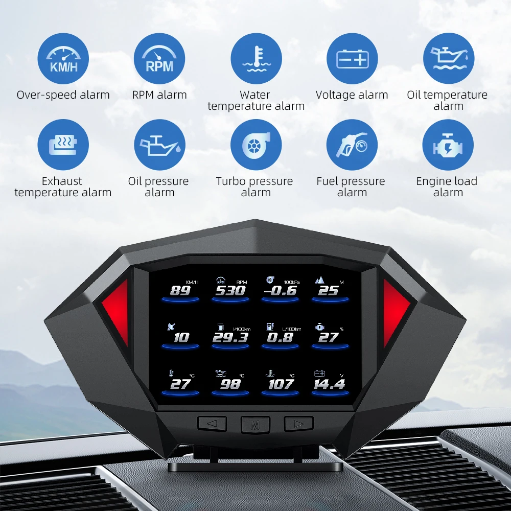 Nuovo P1 OBD LCD ad alta definizione montato su auto HUD Head Up Display misuratore di pendenza dell\'altitudine della velocità del veicolo