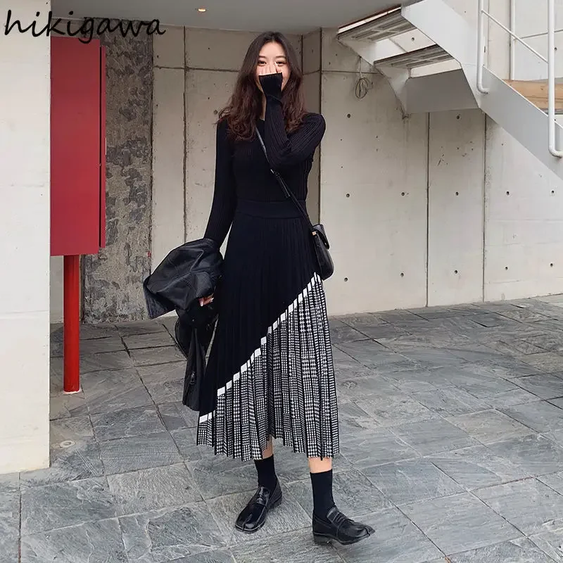 Vintage Skirts for Women Hihg Waist Slim A-line Long Jupe Patchwork Plaid Fashion Pleated Knit Skirt 2023 Faldas Mujer De Moda