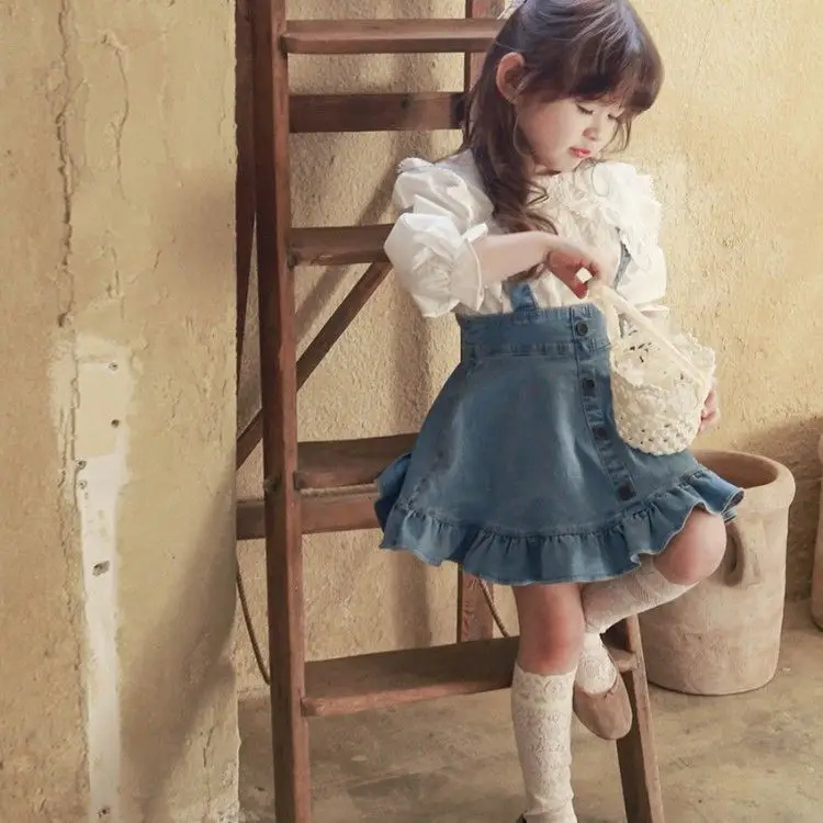 Girls Skirt 2026 Spring and Summer New Fashionable Korean Style Ruffled Suspenders Casual Simple New Fashionable Denim Skirt