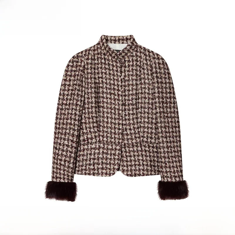 

Новый осенне-зимний женский костюмный пиджак с манжетами из искусственного меха, приталенный крой, длинный рукав, узор «птичий глаз»