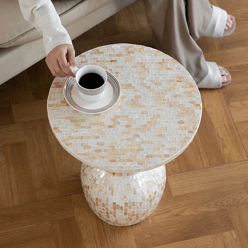 Mother of Pearl Inlay Round Side Table, Mosaic Shell Vase Base Accent Table, Vintage Home Decor End Table for Living Room