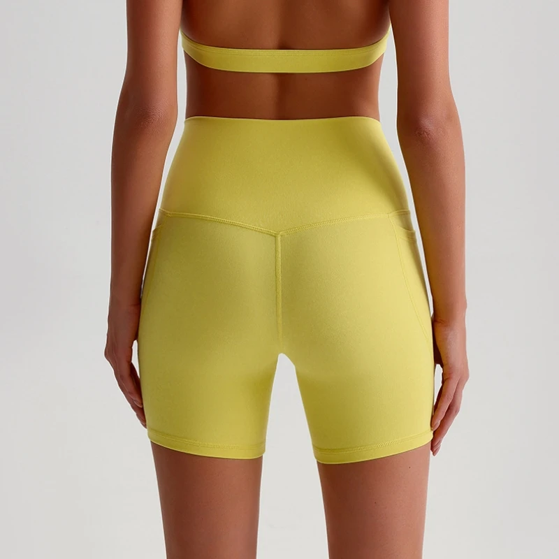 Solid Color Yoga Shorts Gym Sports Short Leggings Women High Waist Fitness Short Pants Running Cycling Sportswear With Pocket