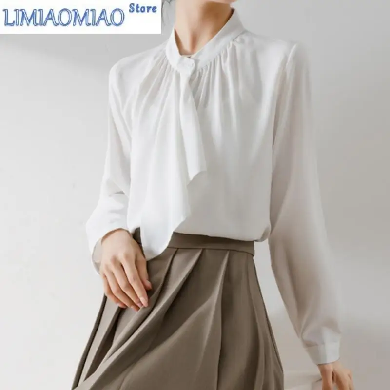 

Весенне-осенняя элегантная черно-белая женская блузка с бантом и длинным рукавом, корейские повседневные свободные офисные женские рубашки, женские
