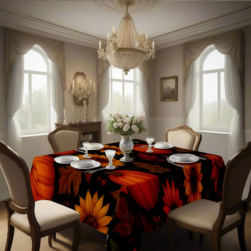 2D Flat Party Tablecover, 1pc, Fashionable And Beautiful Pumpkin Sunflower Autumn Leaves Pattern Tablecloth, Suitable for Dining Table, Coffee Table, Desk, Restaurant, Picnic, Camping, Party, Family Gathering, Home Textile