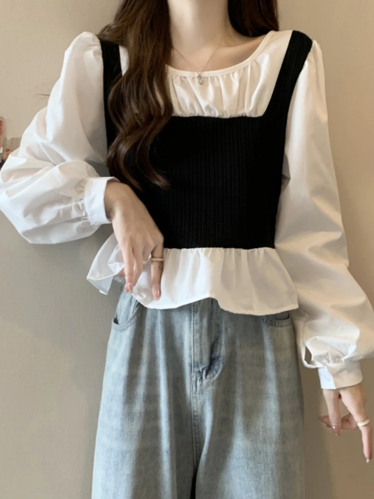 Slimming Faux Two-Piece Shirt Vest Women Early Spring plus Size Flattering Waist-Cinching Belly Covering Trendy Short Top
