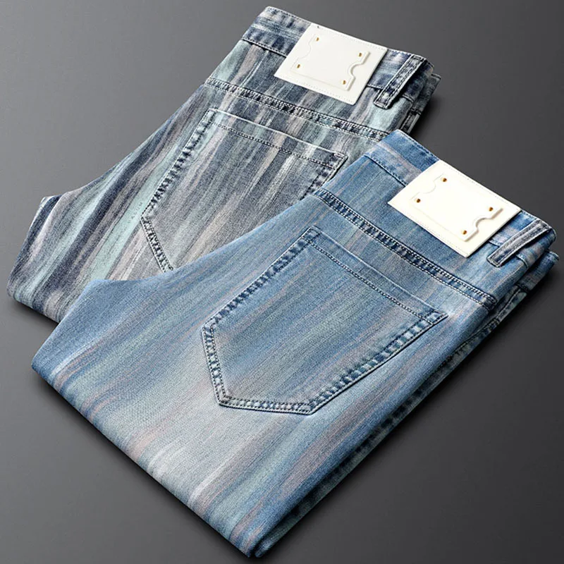 Handsome color bleaching process cotton polyester casual jeans men slim slim feet men summer thin