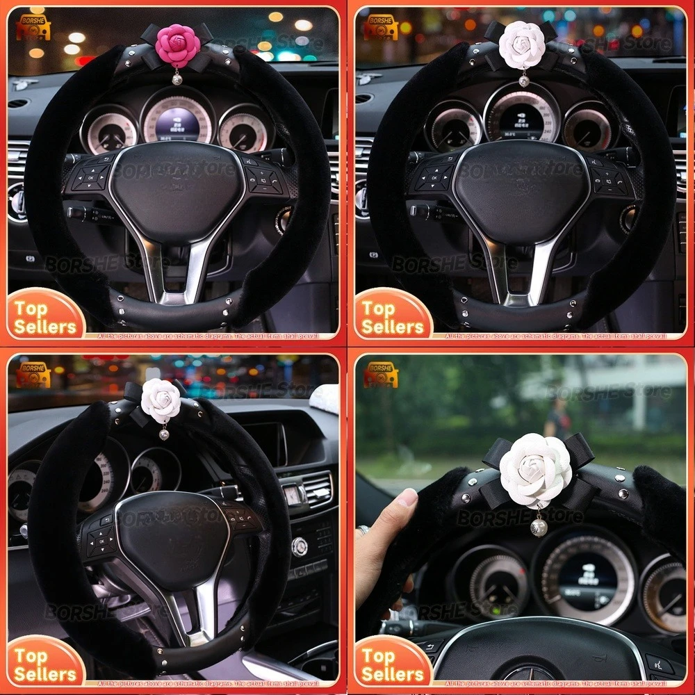 

2026 Suitable for Universal Car Models Plush Steering Wheel Cover with Cute Camellia Design Soft Rabbit Fur Winter Accessory for
