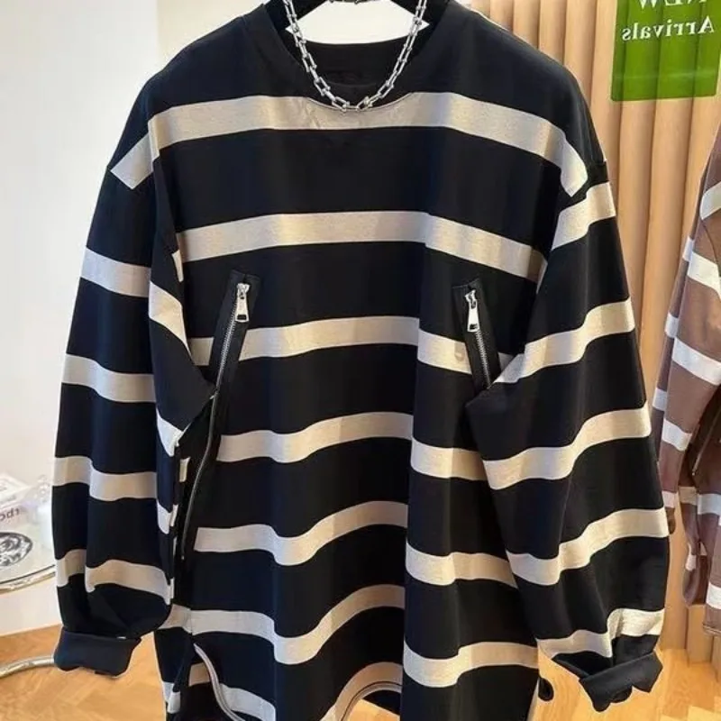 Women Striped Sweatshirt With Double Zipper Pocket Loose Lazy Style Thick Outerwear