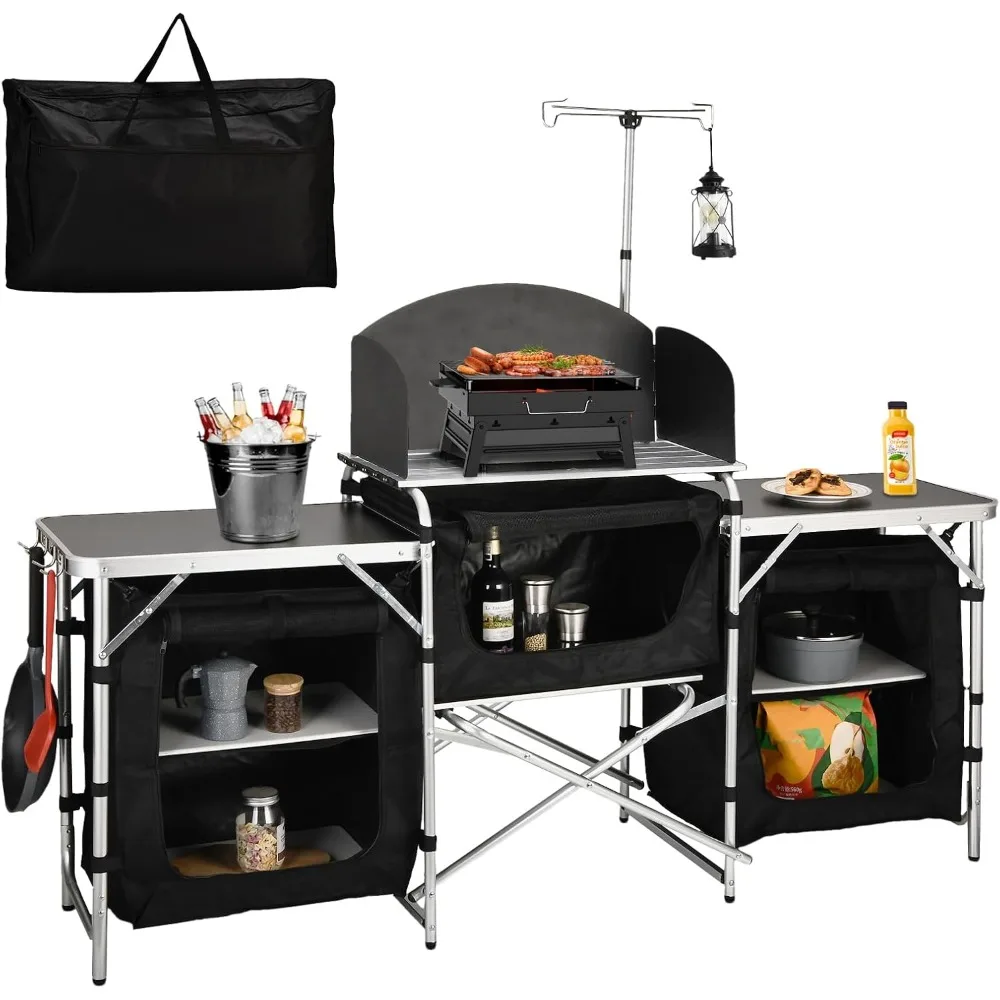

Camping Table, Camping Kitchen Table, Folding Camping Table with Storage Bag, 3 Multifunctional Storage Cupboards & Windshield C