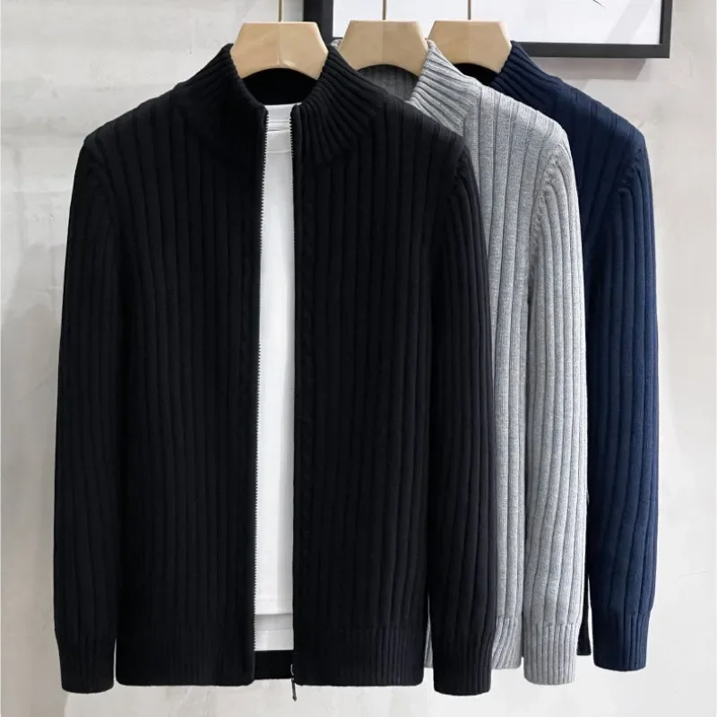 Mens Designer Clothes Daily Wear England Style Black Autumn Winter Cardigan for Men with Turtleneck Zipper Casual Knit Sweater