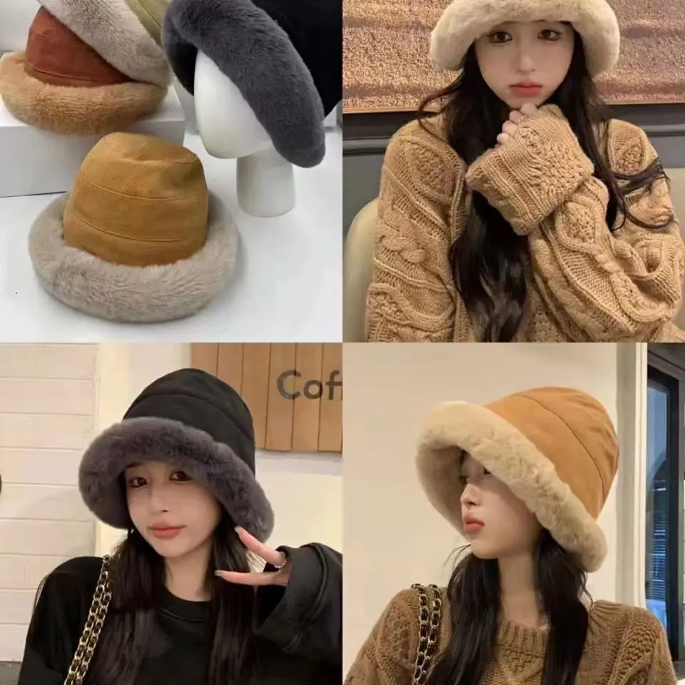 Autumn Winter Warm Bucket Hats Women Plus Velvet Lamb Hair Female Bucket Hat Casual Wide Brim Warm Outdoor  Hat