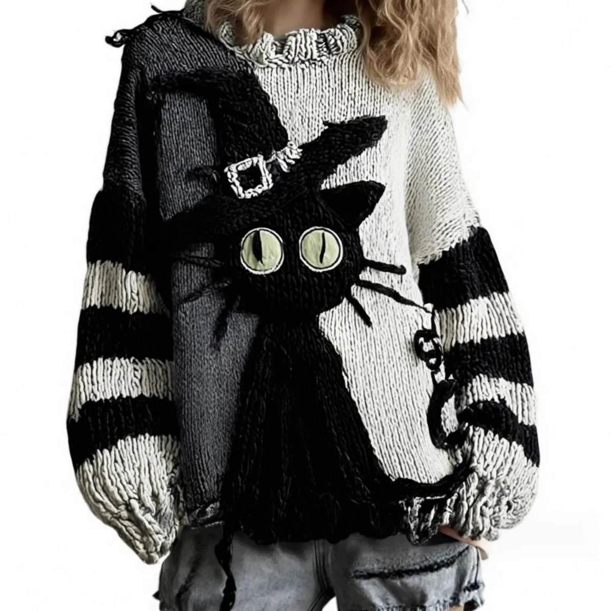 Nuovo maglione a maniche lunghe allentato da donna in stile europeo americano, pullover con scollo a O con stampa digitale dei cartoni animati, elegante e unico ​