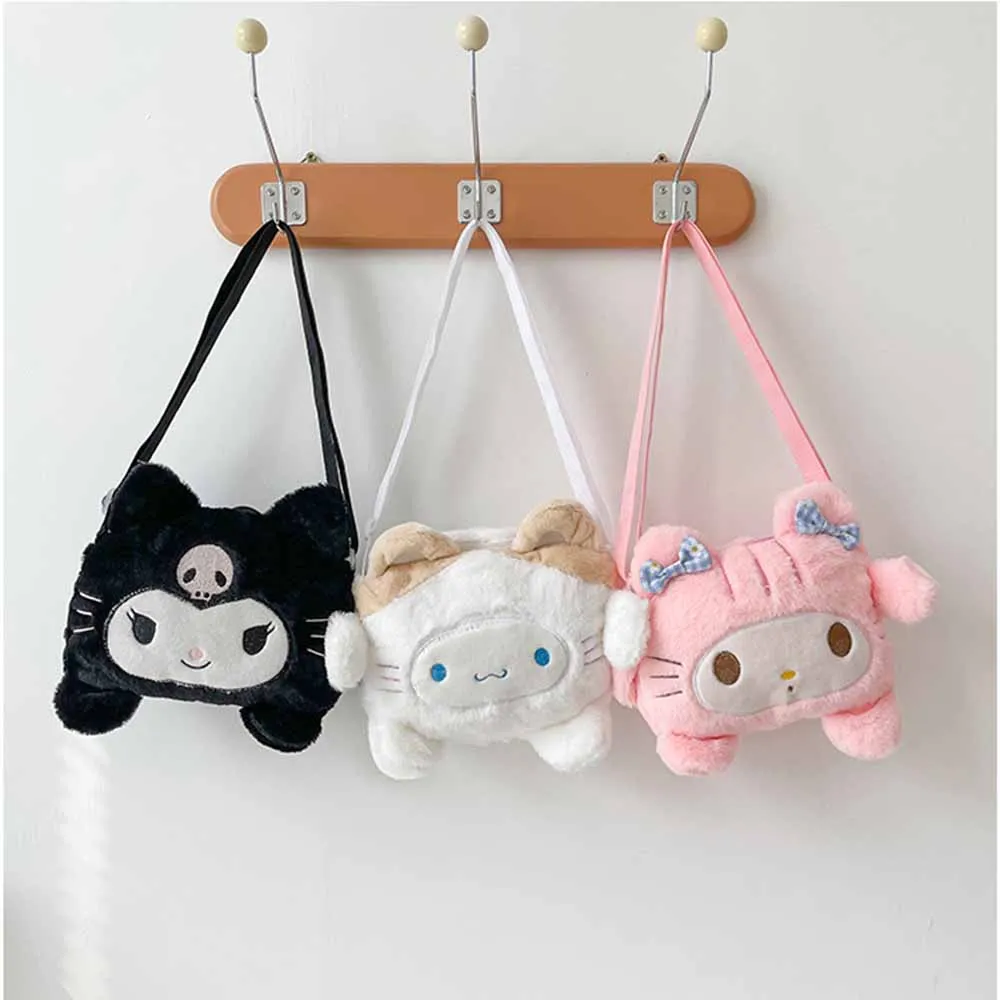 

Cartoon Sanrio Plush Messenger Bag Melody Kuromi Cinnamoroll Plush Shoulder Bags Keys Coin Purse Kids Girl Christmas Gifts