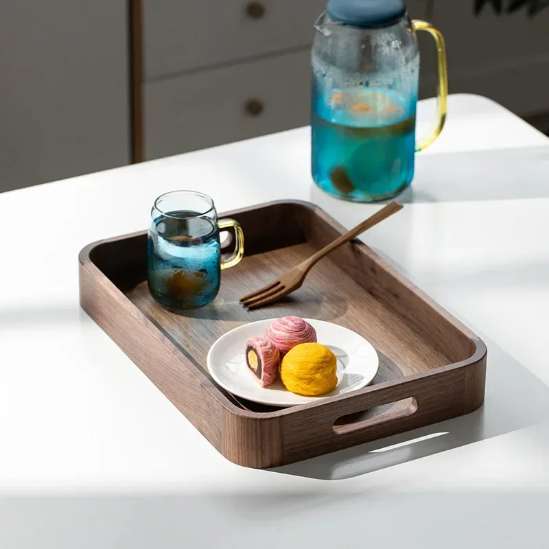 Rectangular Walnut Wood Serving Tray with Handles - Handcrafted Solid Wood Platter for Breakfast, Coffee & Kitchen Storage